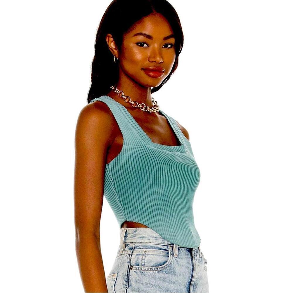 Cotton Citizen Ibiza Square Neck Rib Tank Top in Vintage Teal Large $115